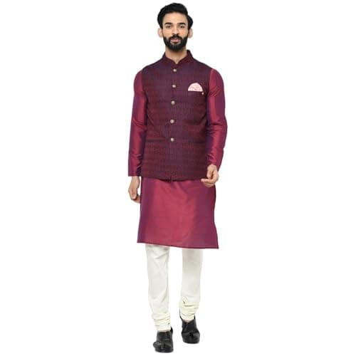 KISAH Men's Kurta Jacket Elastic Churidar Set, Silk Blend, Woven Design Regular Fit Mandarin Collar | Mens Ethnic Wear, Maroon White-40