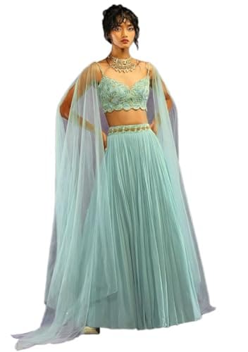 Indya Blue Georgette Embroidered Indo-Western Lehenga Set for Party & Cocktail | Sleeveless | Indian Ethnic Wear