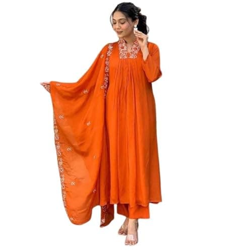 RangMahal Store Women’s Cotton Anarkali Kurti Pant Dupatta Set | Flared 3-Piece Indian Ethnic Dress for Women | Traditional Outfit for Festive, Wedding Guest, Party & Evening Wear- Large
