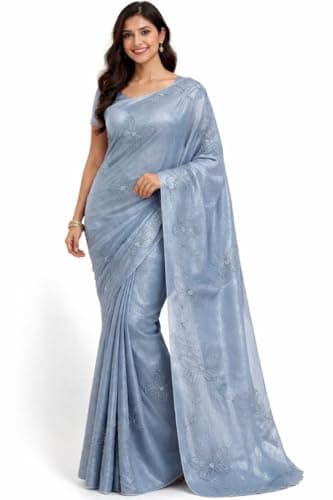 RS CREATION Women's Soft Net Embroidery Work Saree with Unstitched Blouse Piece (Dusty Blue)