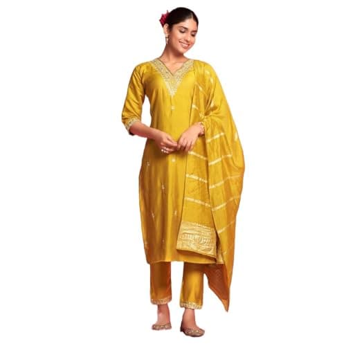 Womens Kurta Set Straight Embroidery Indian Style Party Wear Kurta Pant Dupatta (US, Alpha, X-Large, Regular, Regular, Yellow)