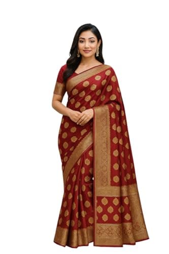 Craftoni Banarasi Silk Saree For Women Traditional Indian Wedding Sari Zari Work Woven Border Bridal Party & Festive Wear Includes Blouse Piece