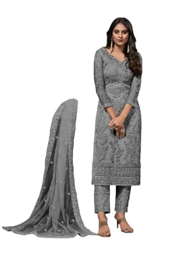 FABMIAMI New Wedding Partywear Embroidered Salwar Kameez Indian Dress Ready to Wear Salwar Suit For Women FM-18 (US, Numeric, 36, Regular, Regular, Grey)