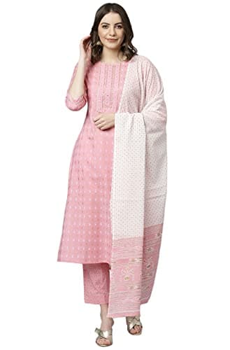 Janasya Indian Women's Cotton Pink Gold Print Casual Wear Kurta Set for Women