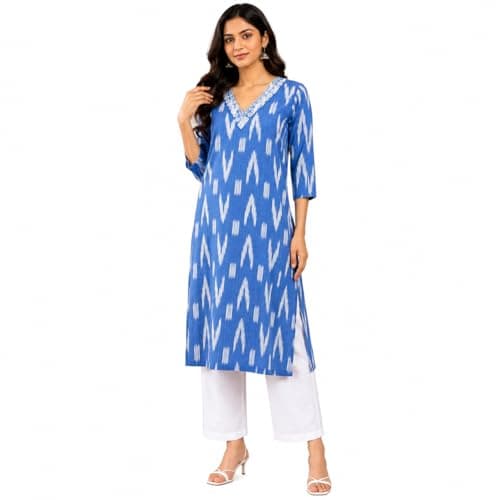 Ramkudi Kurti for Women | Straight Fit Cotton Printed Kurtis | 3/4 Sleeves Indian Style Tunic | Casual Kurtis for Girls Sky Blue
