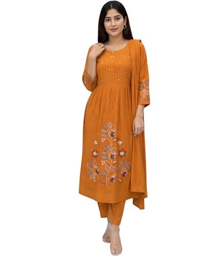 ANUYA Cotton Anarkali Indian Kurti For Women Summer Dress Kurta Pant With Dupatta Set (US, Alpha, Large, Regular, Regular, Mustard)