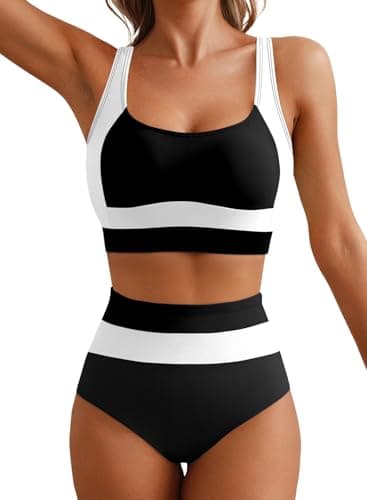 Herseas Women's Bikini Sets Color Block Wireless U Neck Padded Swimsuits Two Piece Flattering Bathing Suit Adjustable Wide Straps Athletic 2026 Beach Vacation Essentials Black Large