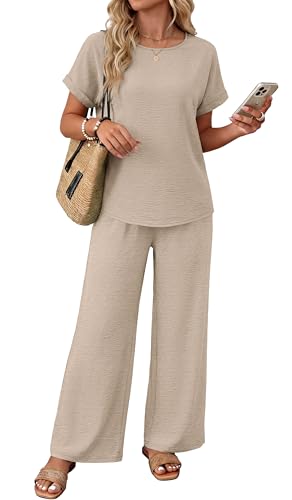 XIEERDUO 2 Piece Sets For Women Vacation Outfits 2026 Summer Lounge Set Linen Pants Matching Sets Women Clothing Airport Travel Outfit Going Out Loungewear Sets Track Suit Beige L