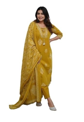 PARTHVI|Women's Pure Cotton Printed With Handwork Kurta with Pants and Dupatta Set | Ethnic Set | Suit Set | Kurta Set | Wedding Suit Set (US-1079-Yellow-S)