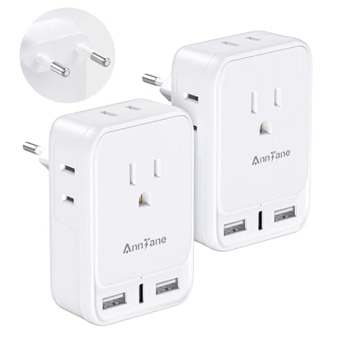 2 Pack European Travel Adapter, AnnTane Capable of 2 AC Outlets & 3 USB Ports is A US to Europe Plug Adaptor Used for Most Europe Travel Essentials to Spain, France, Germany, Greece, Italy