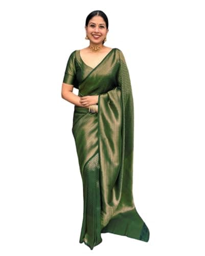 Aqila Attire Women's Traditional Designer Saree with unstitched Blouse Piece – Elegant Wedding, Party & Festive Wear Silk Blend Saree (Rich Green)