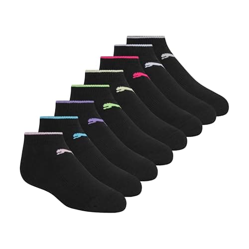 PUMA 8 Pack Girls' Low Cut Socks, Black/Bright, 7-8.5