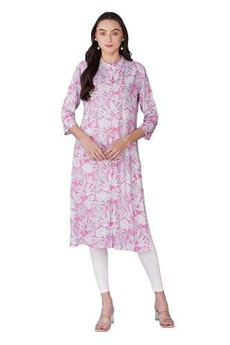 Sunehla Deal Printed Rayon A-Line Kurti for Women | Collar Neck | 3/4 Sleeve Indian Casual Wear (Baby Pink, Large)