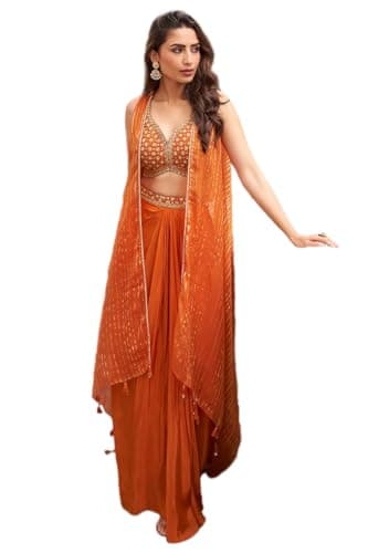 Indya Orange Embroidered Silk Blended Salwar Kameez for Wedding | Sleeveless | V-Neck | Kurta Set