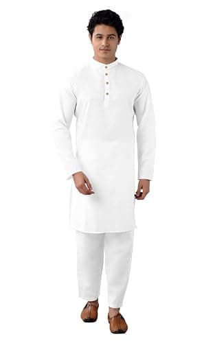 Chandrakala Men's Tunic Cotton Kurta Pajama Set Indian Casual Yoga Dress White,Small (MK112WHI1)