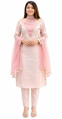 BLACK PANDA Women's Roman Simmer Salwar Suit Set Kurta with Dupatta Kurta Palazzo Set Stitched Ready To Wear (US, Alpha, Large, Regular, Regular, Off white)