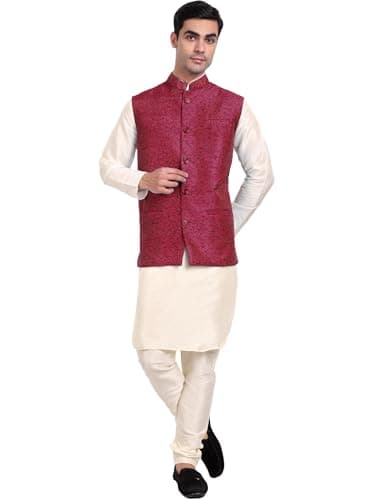 SKAVIJ Men's Indian Kurta Pyjama With Printed Nehru Jacket (Waistcoat) Set Party Wear Dress (Medium, Red)