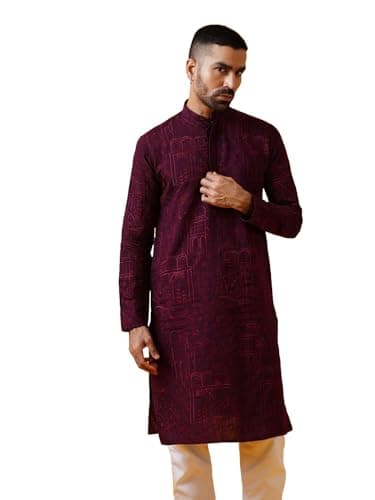 Sojanya (Since 1958 Men'S Cotton Silk Kantha Thread Embroidered Wine Long Kurta