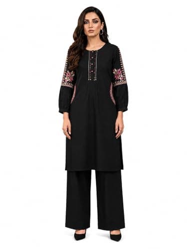 Women's Black Embroidered Kurta with Wide-Leg Palazzo Pants, Floral Sleeve Detail, 2-Piece Set (US, Alpha, XX-Large, Regular, Regular)
