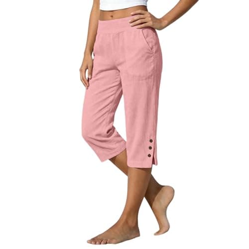 Capri Pants for Women Petite Tailored Split Button Elastic Waist Linen Capris Cotton Light Weight Summer Casual Capri Pants with Side Pockets Ladies Slim Fit Soft Breathable Capris Pink