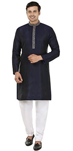 Poly Silk Men's Kurta Pajama India Clothing Wedding Party Wear (Blue, XL)