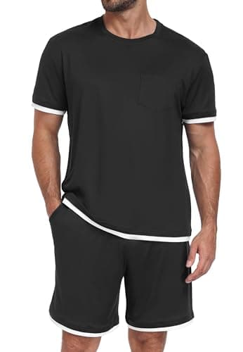 PrinStory Mens Pajamas Set 2 Piece Summer Pajama Sets Lightweight and Comfy Pjs Set Short Sleeve Loungewear with Pockets Black-L