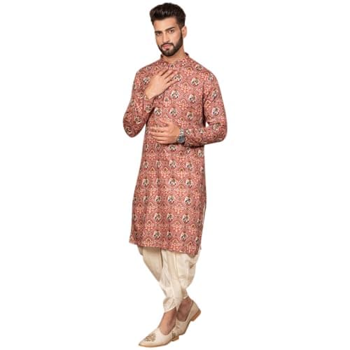KISAH Men's Kurta - Printed Cotton Blend - Indian Wedding Outfit for Men - Ideal for Weddings and Festivals Pink