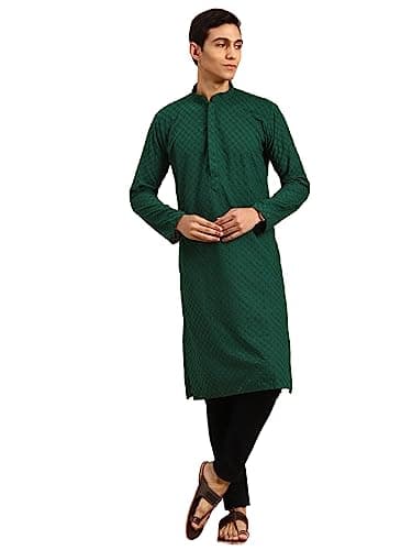 Rajubhai Hargovindas Men Bottle Green Ethnic Motifs Chikankari Embroidered Kurta (BTFLY-46)