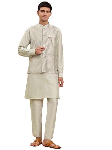 Pro-Ethic Style Developer Mens Indian Traditional Cotton Kurta Set With Jacquard Silk Jacket (Waistcoat) For Men (C-117) Gold Medium