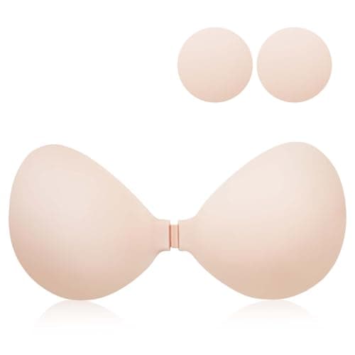 Cbthet Sticky Adhesive Strapless Bra - Push Up Silicone Backless Bra - Invisible No Show for Backless Dresses - Reusable (B Cups) Beige