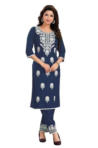 ladyline Rayon Plain Lucknowi Embroidered Kurta with Pants Set for Women Indian Dress(REKP TWKP) (42/Dark-Blue)