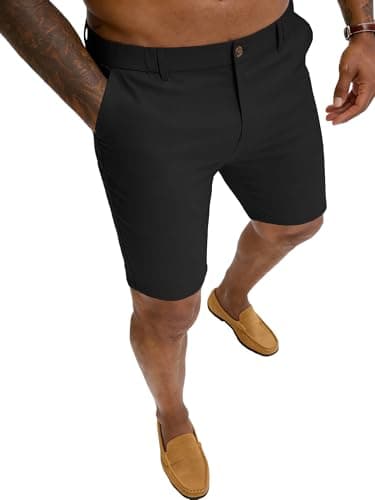 PLEPAN Men's Black Slim Fit Dress Shorts Anti-Wrinkle Stretch 7 Inch Inseam Elastic Waist Casual Work Golf Shorts for Office Business L