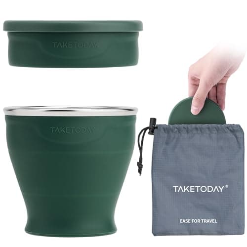 TakeToday Collapsible Travel Cup 8 oz - Silicone Foldable Water Cup, BPA-Free with Lid & Waterproof Bag - Drinking Cup Set for Camping, Outdoors & International Travel（Dark Green）