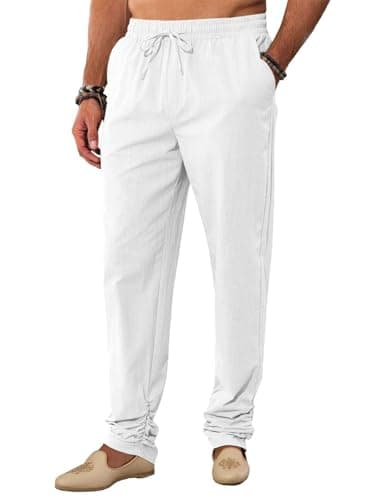 Runcati Mens Kaftan Thobe Pants Cotton Casual Elastic Waist Drawstring Muslim Trousers Summer Yoga Kurta Pants with Pockets White