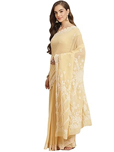 Ada Indian Women's Hand Embroidered Lucknow Chikan Faux Georgette Saree with Blouse A183608 Fawn Beige