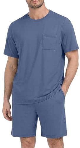PrinStory Men's Pajama Sets Sleepwear Lightweight Short Sleeves Crewneck Shirts and Shorts Comfy Soft Casual loungewear Pockets Gray Blue L