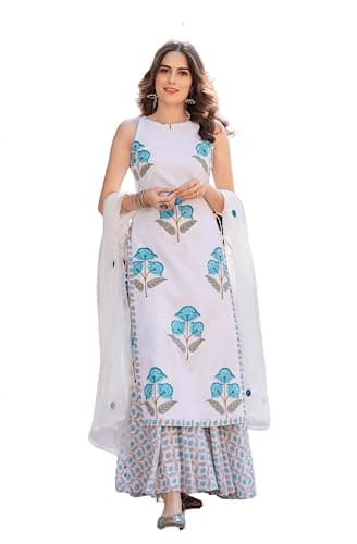 Sidhidata Women's Cotton Blend Printed Straight Kurta Sharara Set With Embroidered Dupatta (Sky Blue, X-Small)