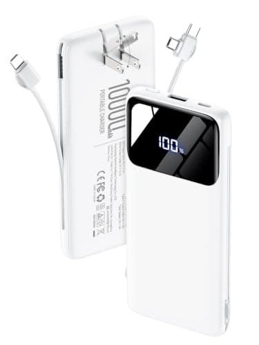 Portable Charger 10000mAh Power Bank with Built-in Cables and Wall Plug, Slim Fast Charging USB-C Battery Pack, Travel Essential Portable Phone Charger Compatible with iPhone, Samsung(Cream)