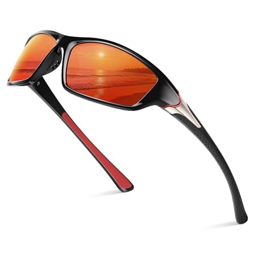 Reglaaly Polarized Sports Sunglasses, Wrap Around Mens Sunglasses UV Protection, Cycling Fishing Driving Running Sun Glasses, Black Frame/Red Mirrored Lens