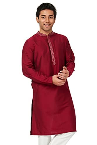 In-Sattva Men's Indian Embroidered Banded Collar and Placket Long Kurta Tunic; Wedding Burgundy; XL