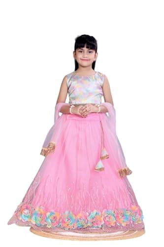OQQTOO Traditional Indian Ethnic Girls Lehenga Choli Set,net with beautiful sequence work and flower design for girl. (pink, 11-12 years)