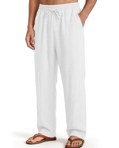 Makepid Men's Casual Pants Elastic Waist with Drawstring Loose Fit Beach Summer Trousers for Travel and Lounge Wear White