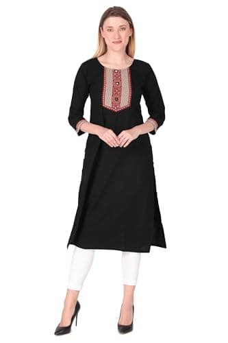 ladyline Women's Cotton Printed Tunic Top with Printed Neck Patch | Knee Length Kurti Kurta for Daily Casual & Festive Wear 3/4 Sleeves (CEK HTP750) (36/ Black)