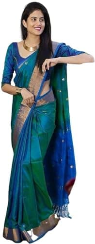 BE4ME.COM Women's Pure Lichi Silk Indian Wedding Wear kanjeevaram Saree with UnStitched Blouse Piece (FEROZI)