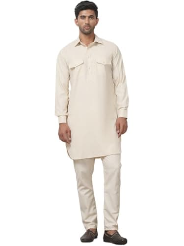 Punjabi Kurta Pajama Set Pathani Solid Color Indian Dress for Men (Beige, XXL)