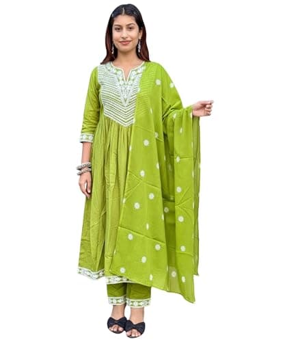 MAERIN Women Printed Anarkali Kurta Pant with Dupatta | Ethnic Flared Long Kurti | Soft Cotton & Casual Wear for Women (US, Alpha, X-Large, Regular, Regular, Green)