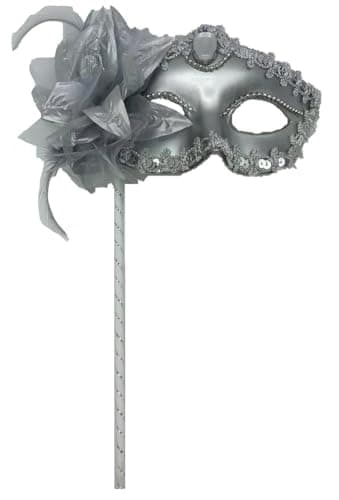 AZYOUNG Women's Gold Silver Plated Masquerade Half Face Mask with Side Feather Flower on Stick (Silver)