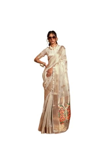 Rang Priya Designer Paithani tissue silk saree with unstitched blouse (Off White), Regular
