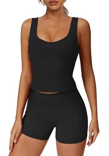 Alaroo Workout Sets for Women 2 Piece U Neck Crop Tank Tops High Waisted Biker Shorts Gym Clothes Pilates Athletic Matching Activewear Black 2XL