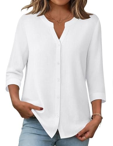 Zeagoo Ladies Tops and Blouses Casual Button Down Shirt 3/4 Sleeve White Loose Fit Summer Linen Cotton Outfits XL